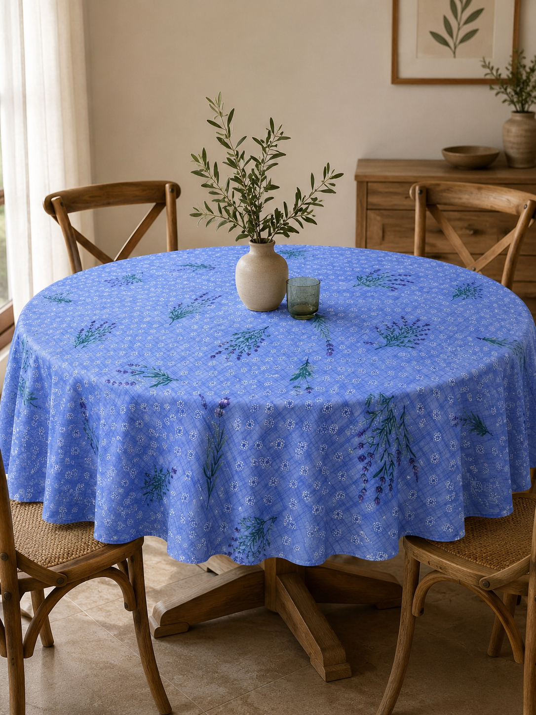 Nappe toile cireè ronde motif Saint Paule Paille bleu 160 cm