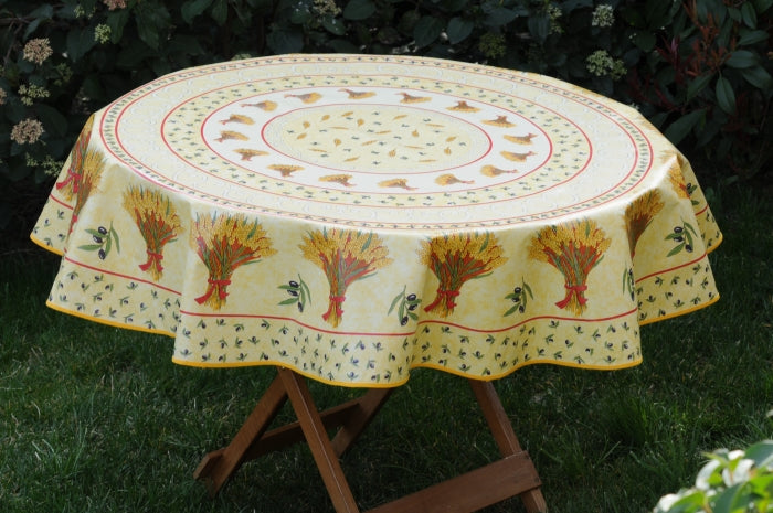 Nappe toile ronde cireè motif bouquet de blè ècru 160 CM