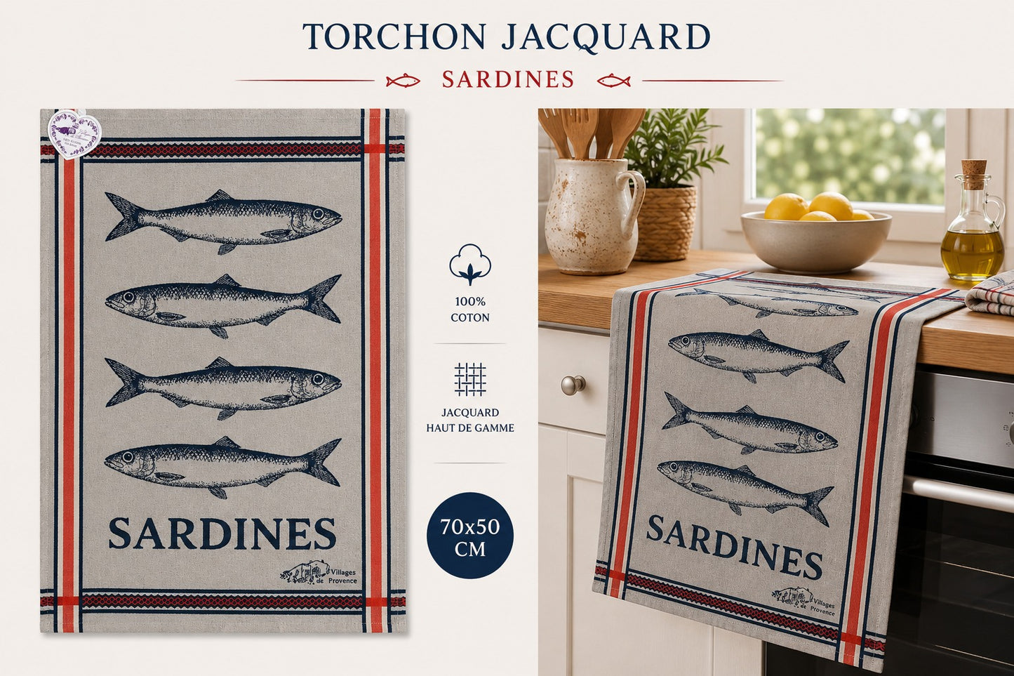 torchons coton jaquart motif sardine