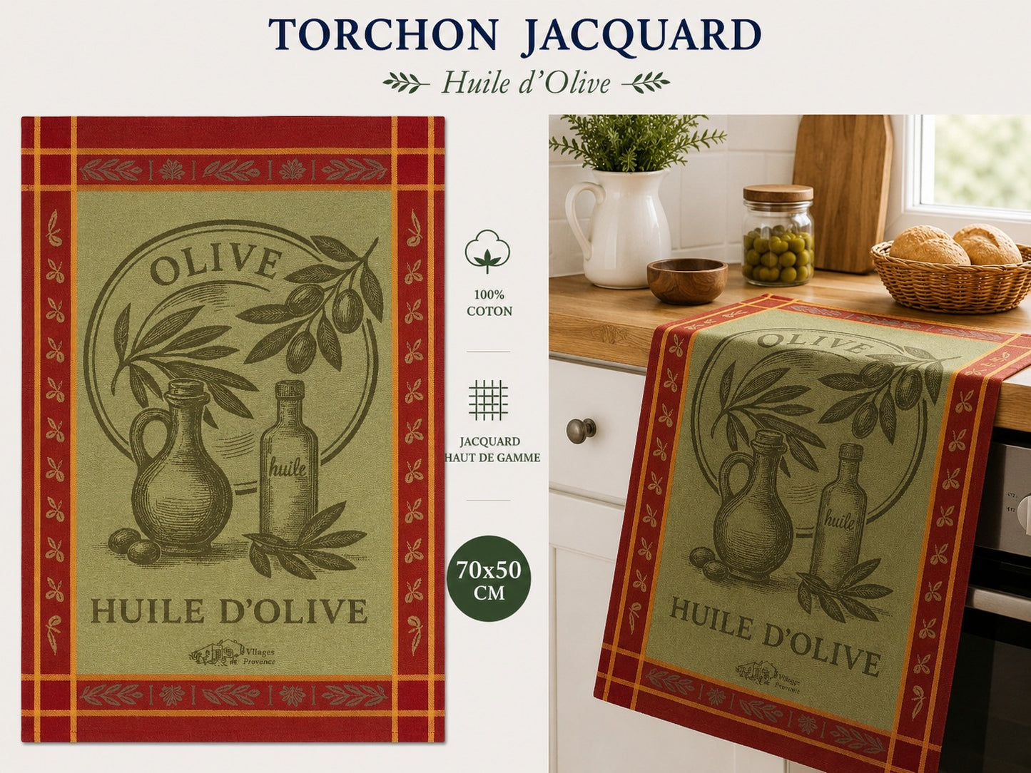 Torchon Jacquard motif Olive Rouge sur fond vert