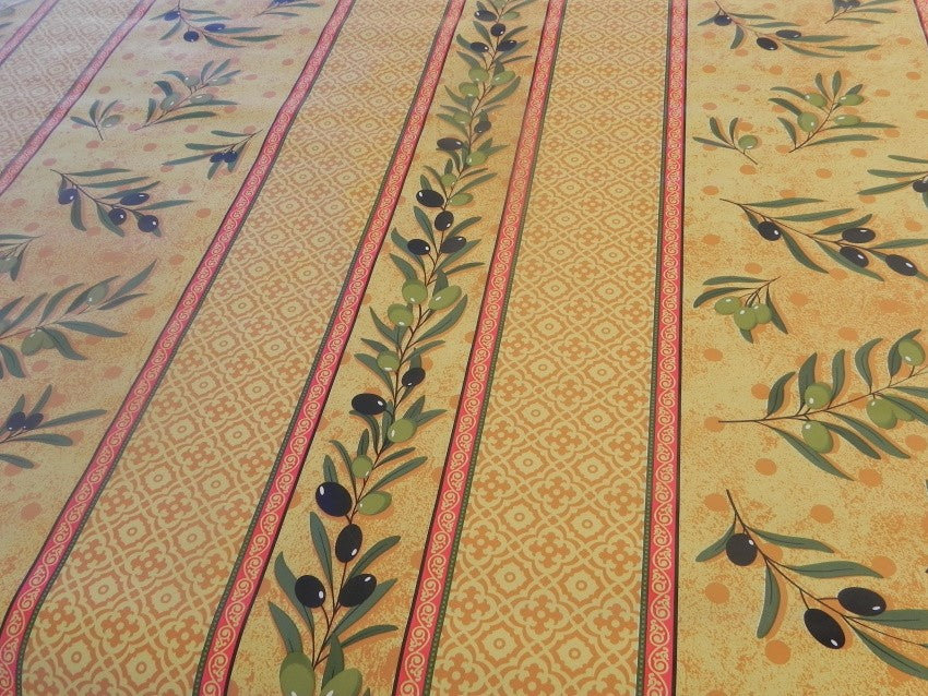 Toile cirée au mètre jaune et trait rouge motifs branche olive