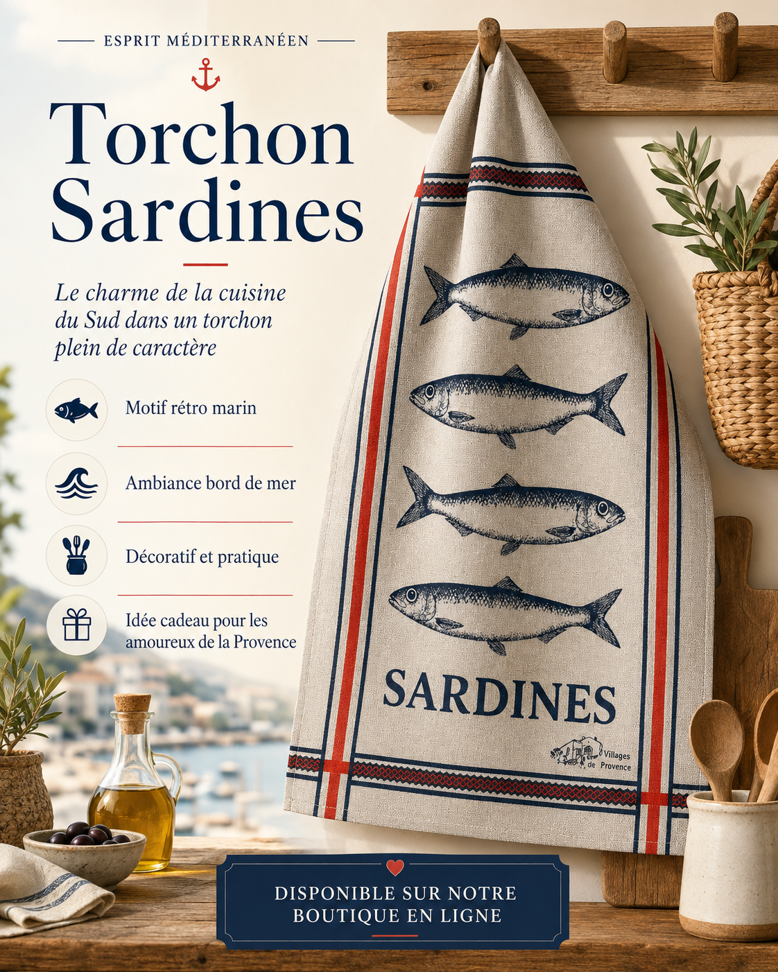 torchons coton jaquart motif sardine