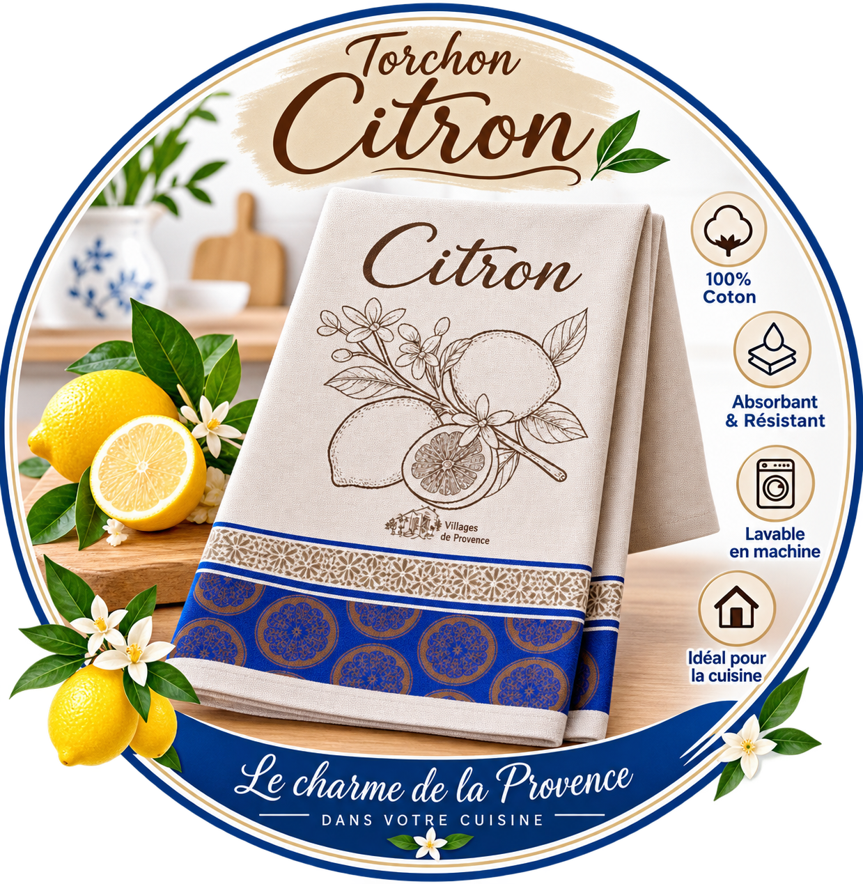 Torchon en coton jacquard motif citron