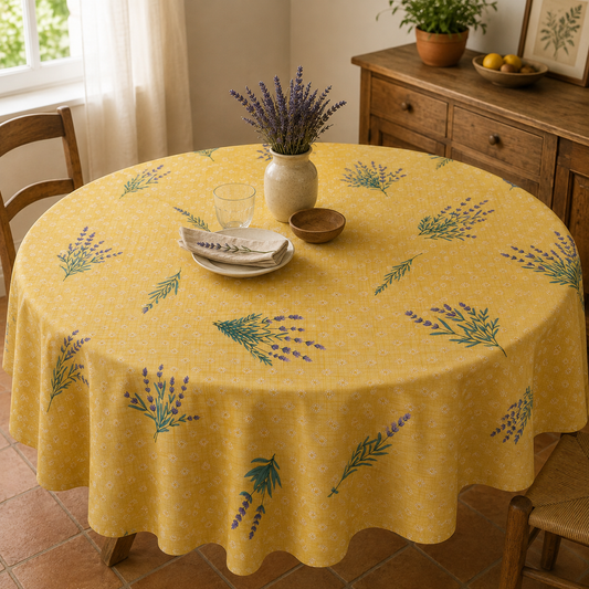 Nappe Toile cirée Ronde Motif Lavande Sur  Fond Jaune    160 CM