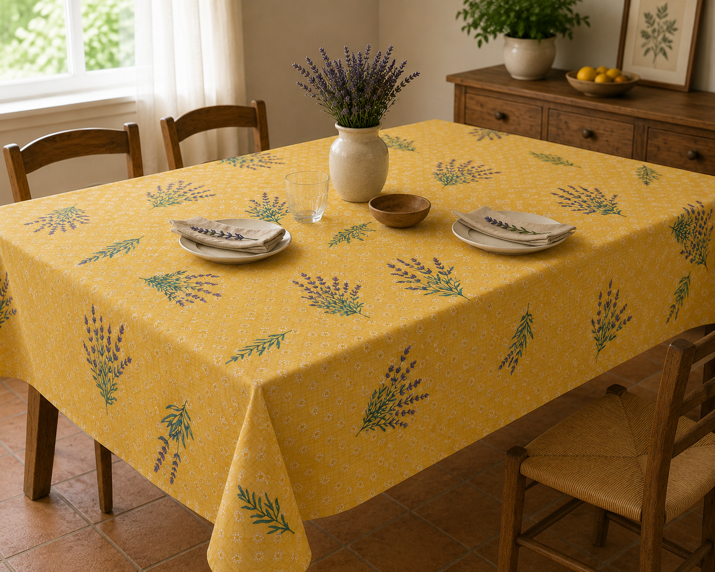 Toile Cirée Motif lavande Sur Fond Jaune au Mètre