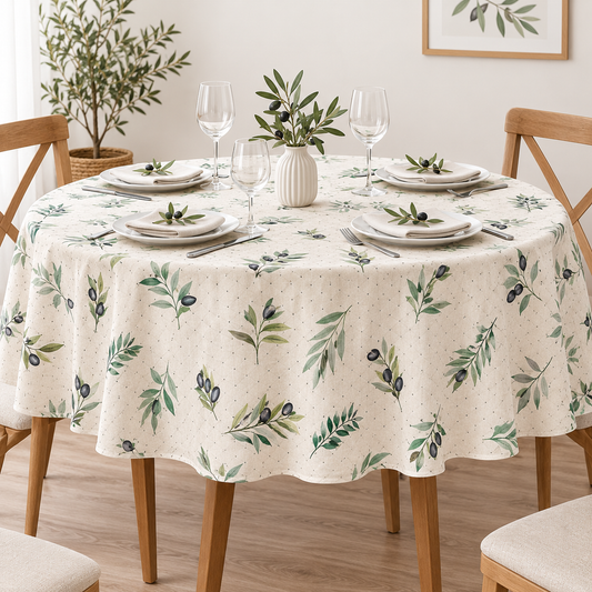 Toile Cirée Ronde Motif Oliviers Fond Beige