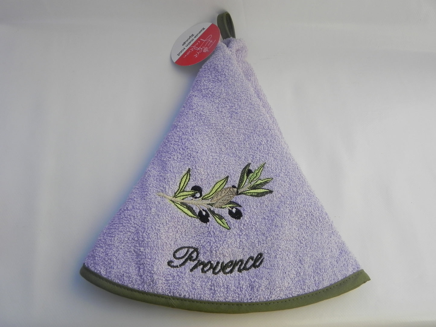 Essuie Mains Rond  Motif Branche Olive Sur Fond Mauve Taille 50X70