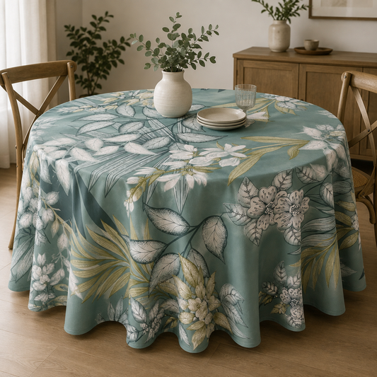 Nappe toile cireè ronde motif Isa  vert  160 CM