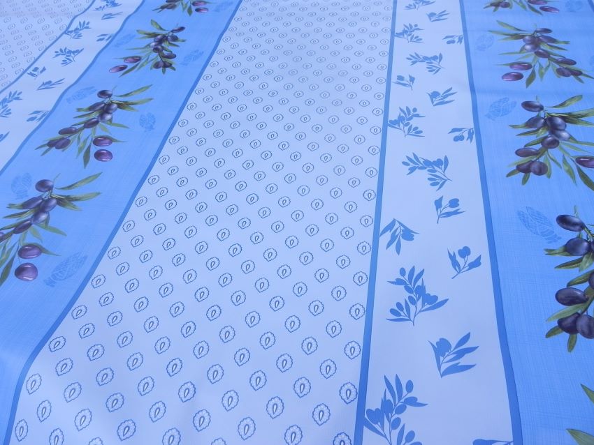 Toile cirée au mètre,  motif  oliviers sur fond bleu