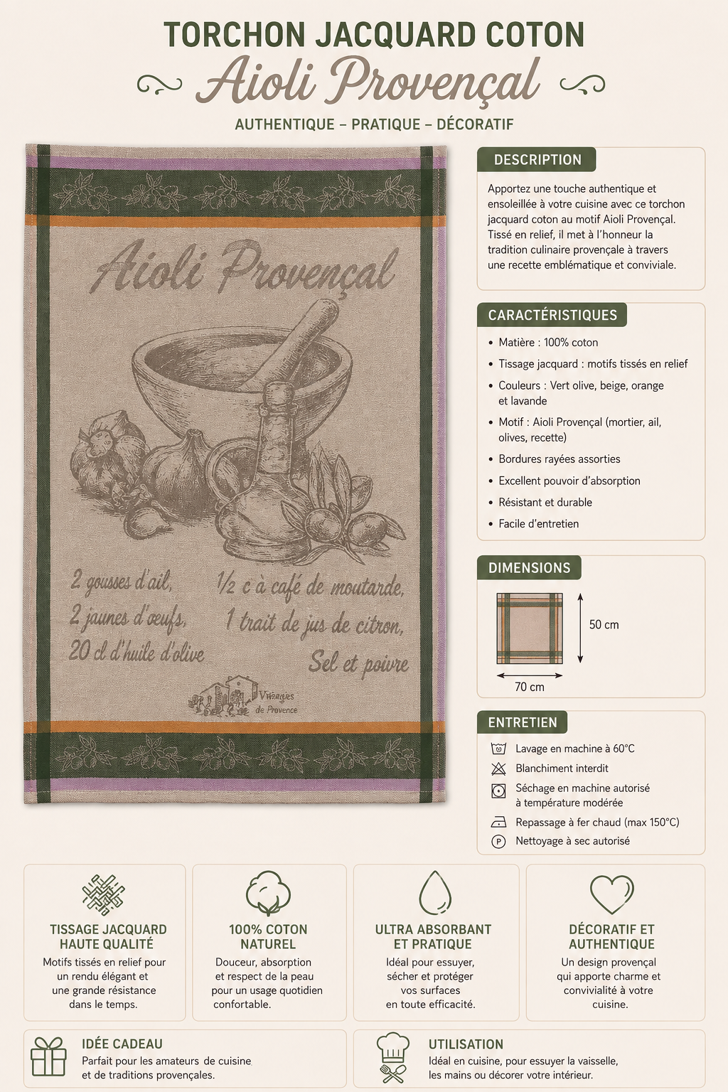 Torchon Coton Jacquard Motif ailloli
