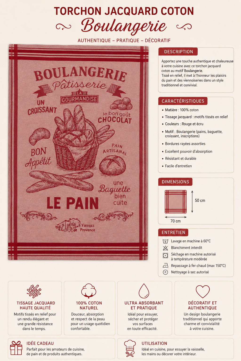 Torchon Coton Jacquard Motif Boulangerrie