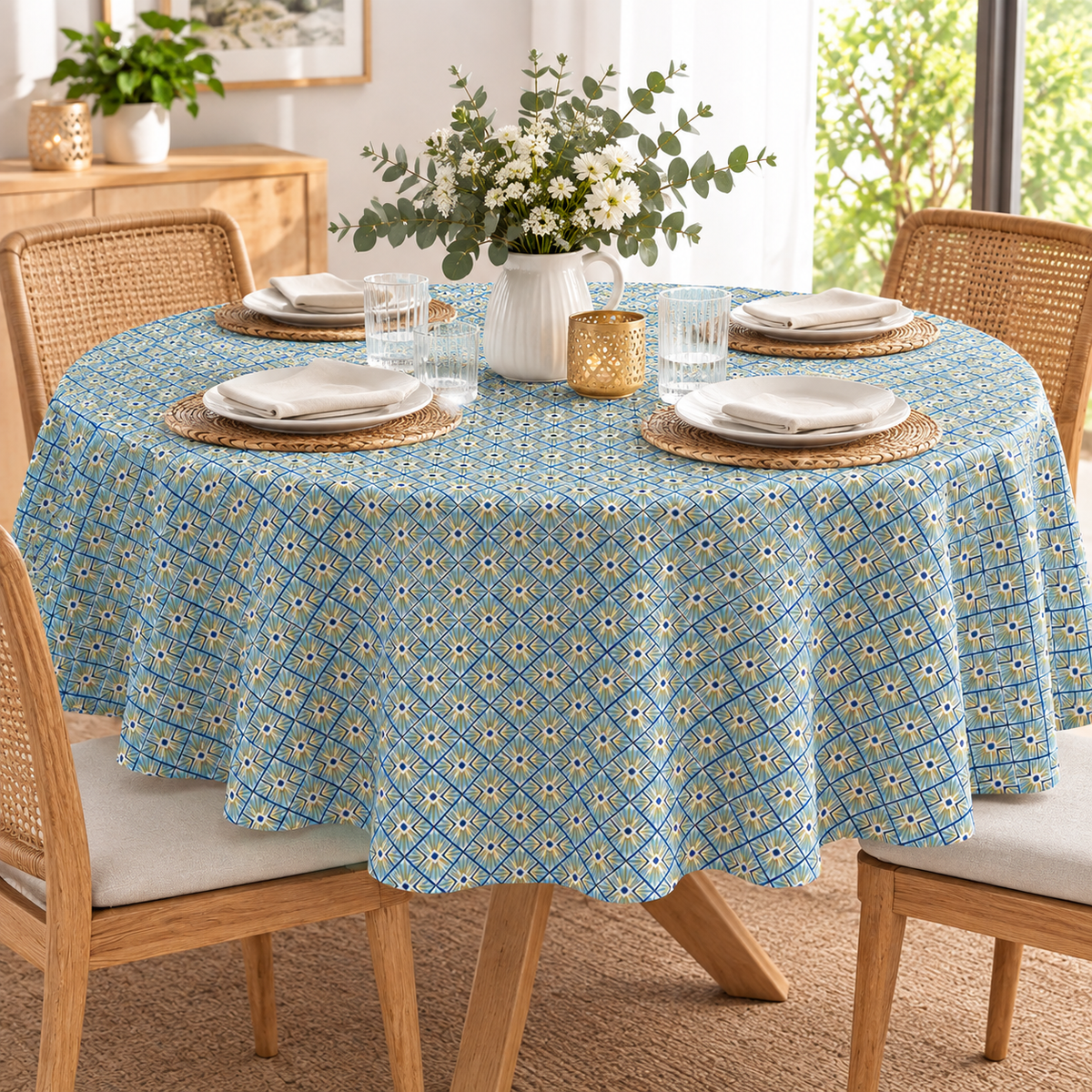 Nappe ronde à motif géométrique bleu et jaune