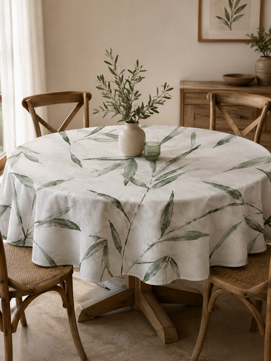 Nappe ronde motif feuillage vert sur fond écru