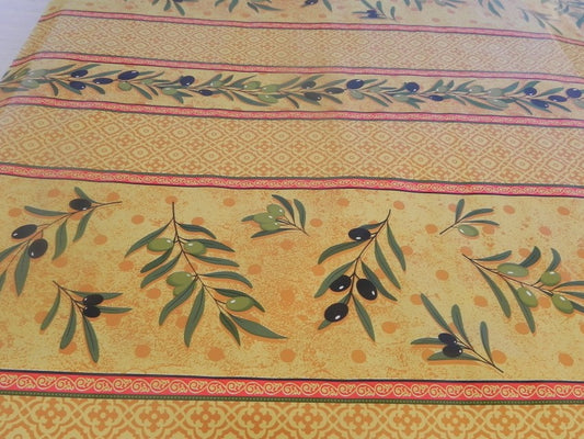 Toile cirée au mètre jaune et trait rouge motifs branche olive